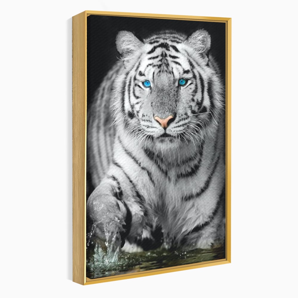 Tablou canvas cu tablou canvas cu tigru alb, in rama de aluminiu auriu